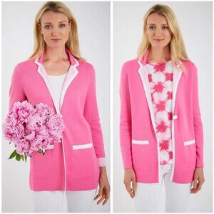 Belford Pima Cotton Knit Blazer Longline Cardigan Pink White Trim Preppy size M